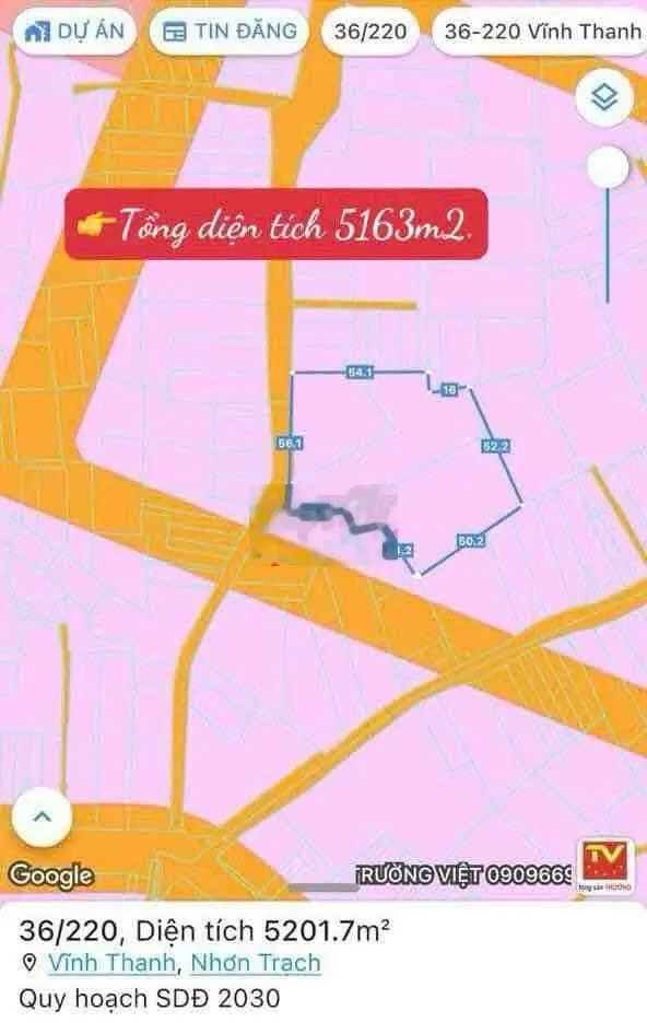 Bán đất 19,6 tỷ, diện tích 5163m2 tại Pê Tông, Xã Vĩnh Thanh, Huyện Nhơn Trạch, Đồng Nai
