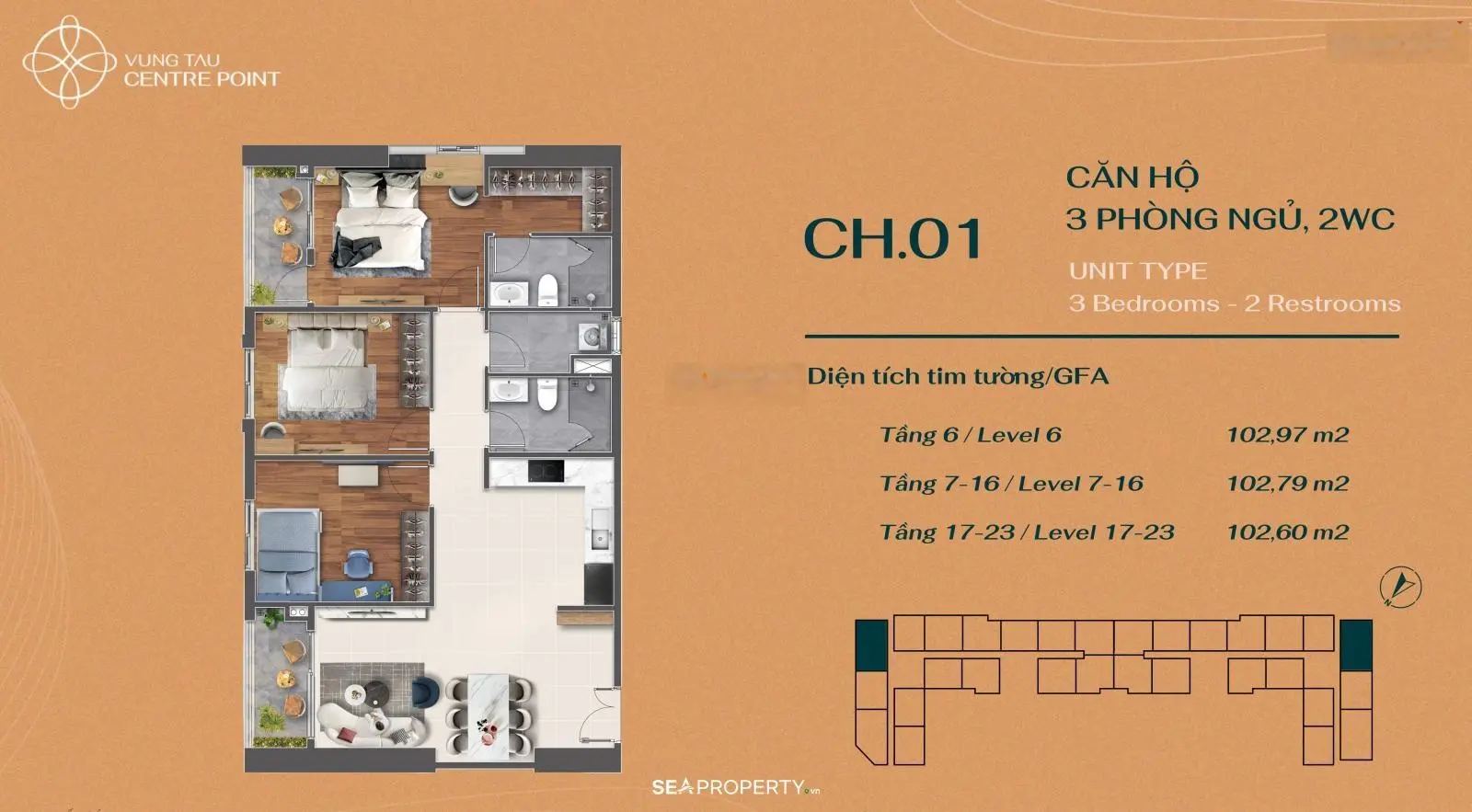 Sở hữu căn hộ Vung Tau Centre Point - sở hữu căn hộ 3PN/102m2 giá tốt từ 4,8 tỷ. LH 0908 982 ***