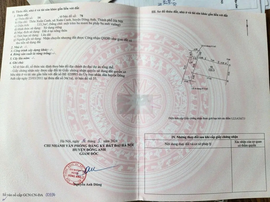 Chính Chủ Bán đất thổ cư thôn Xuân Canh - Đông Anh dt 133m2, giá 8 tỷ