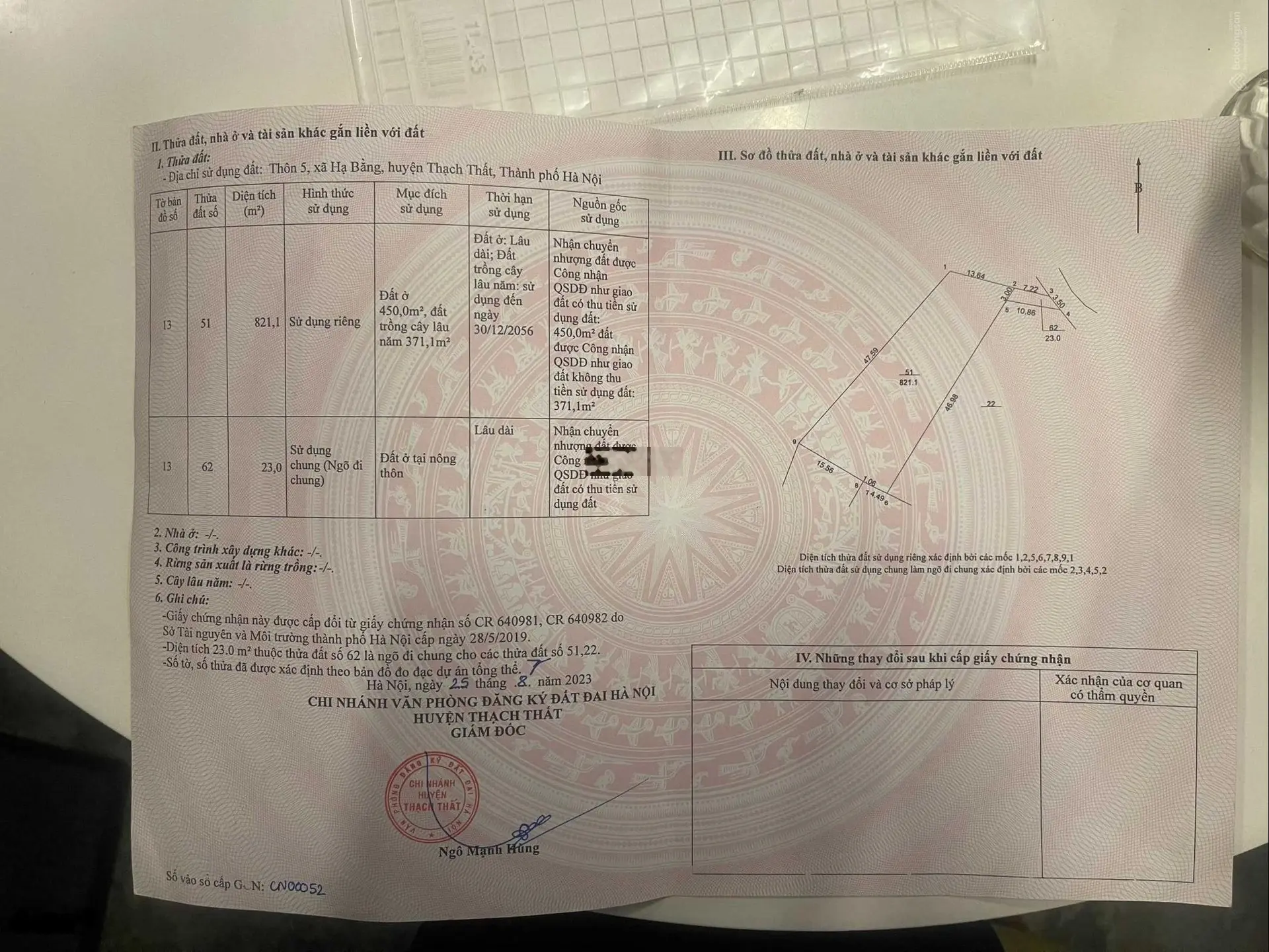 Do cần tiền tôi có mảnh đất muốn bán tại Hạ Bằng DT 821.1m2, MT 14m sát CN cao Hòa Lạc, đại học FPT