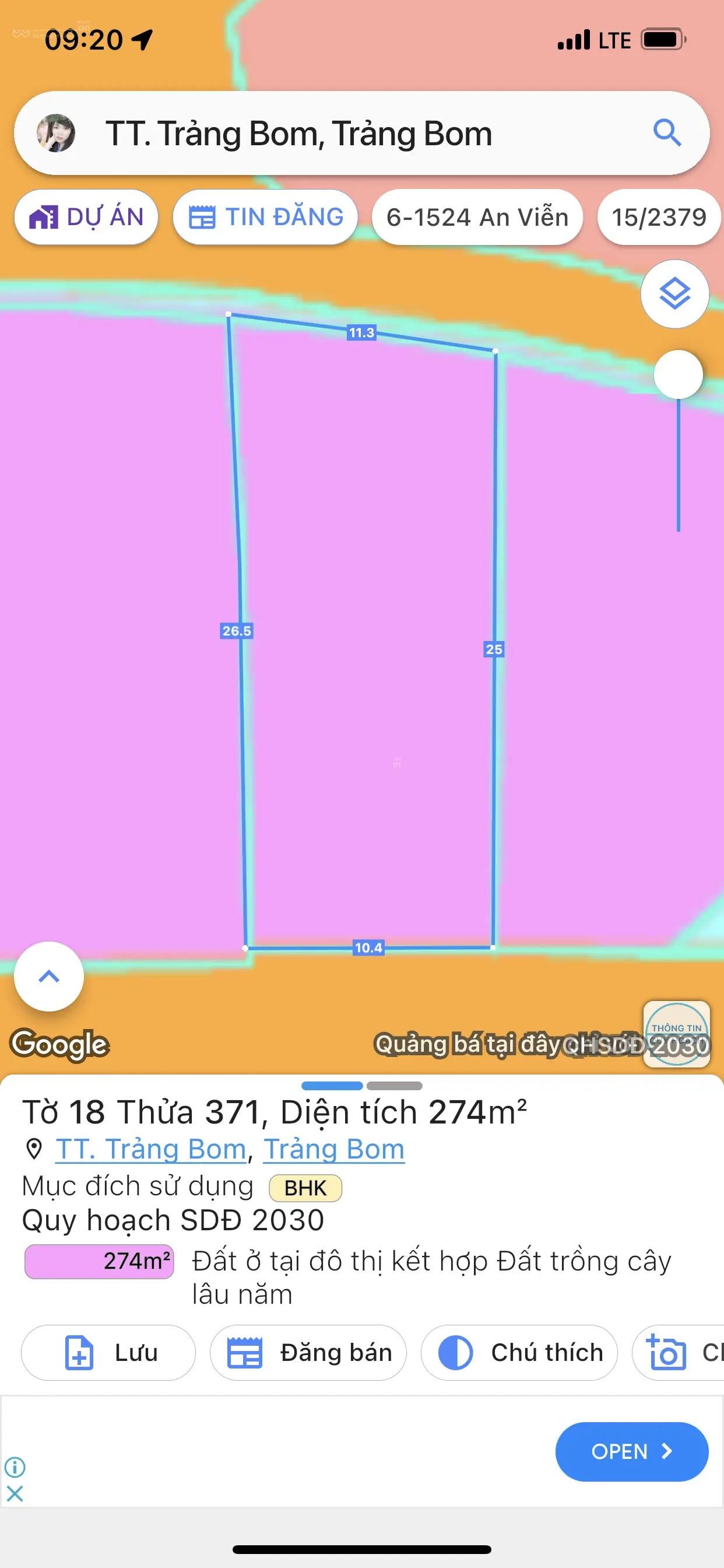 Bán nhà 274m Mặt tiền đường Hùng Vương, Thị Trấn Trảng Bom
