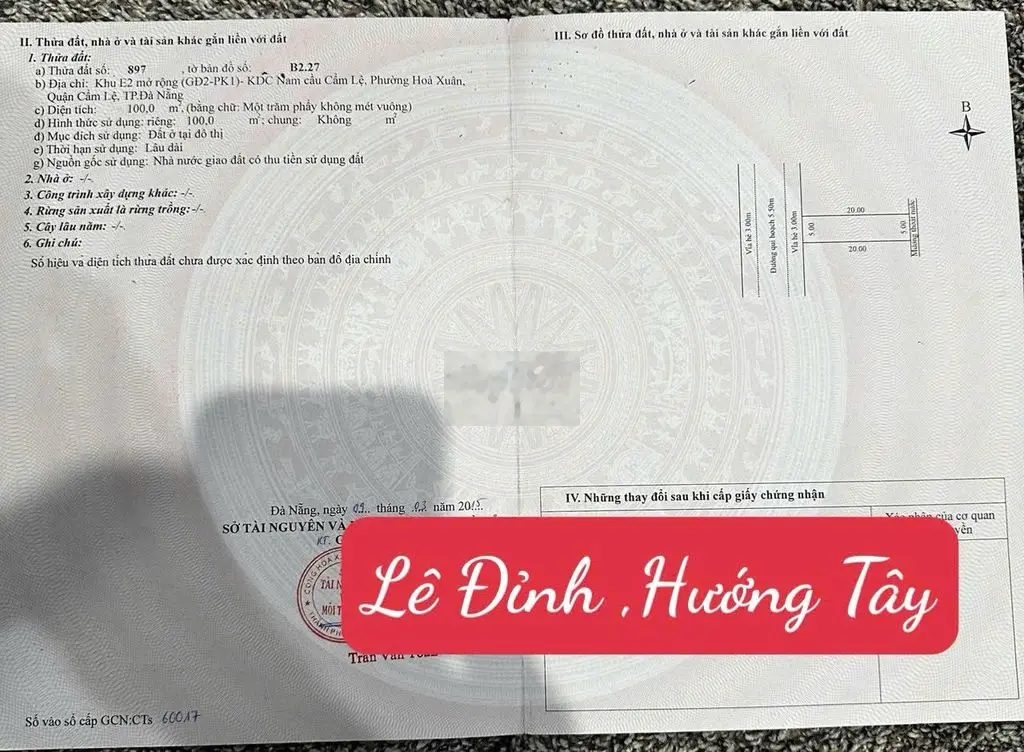 Chủ nhà gởi bán đất đường 5,5m Lê Đỉnh - Hòa Xuân - Hướng Tây, giá tốt