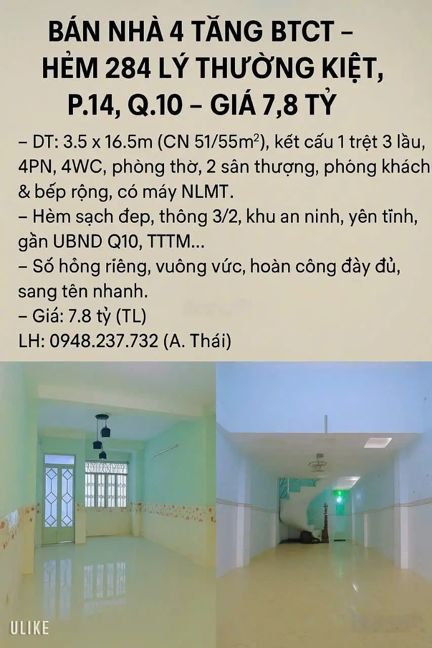 Bán nhà 4 tầng_ lý thường kiệt hẻm 284_ 55 mét vuông giá 7,8 tỷ nhà 4tầng _4pn_4vs