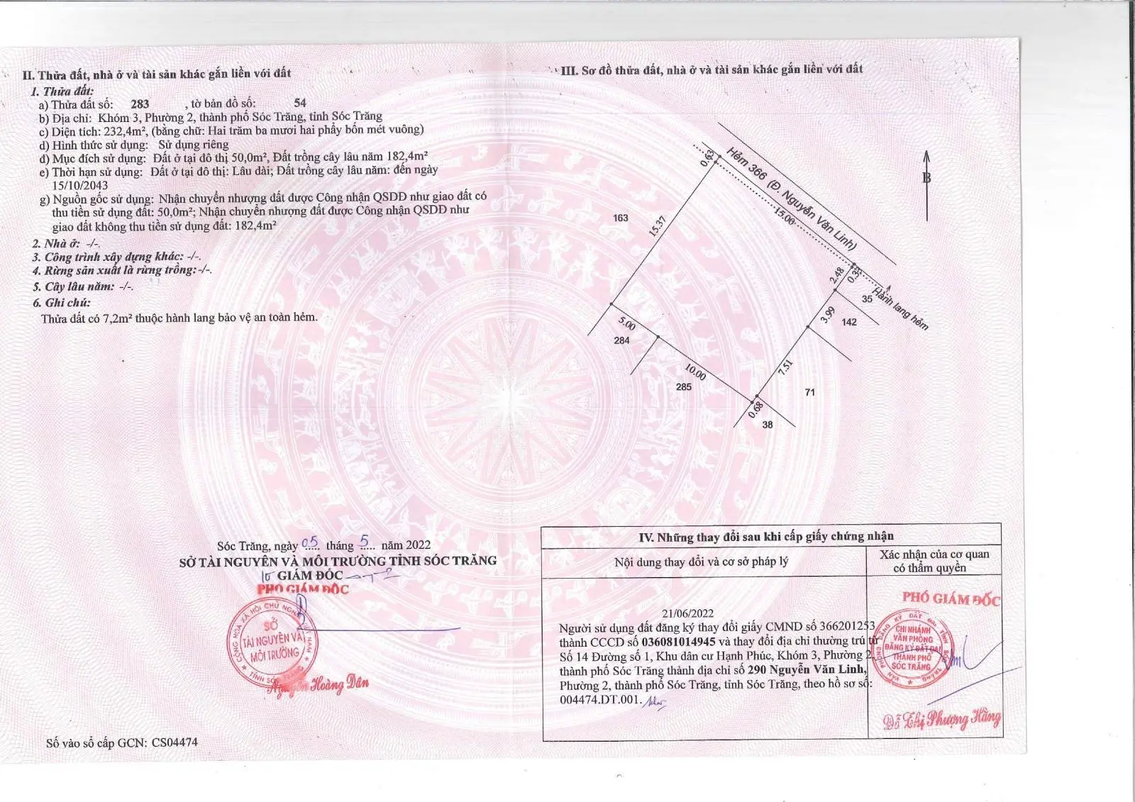 QSDĐ thuộc thửa đất số 283, TBĐ số 54, tọa lạc tại Khóm 3, Phường 2, TP. Sóc Trăng, T. Sóc Trăng