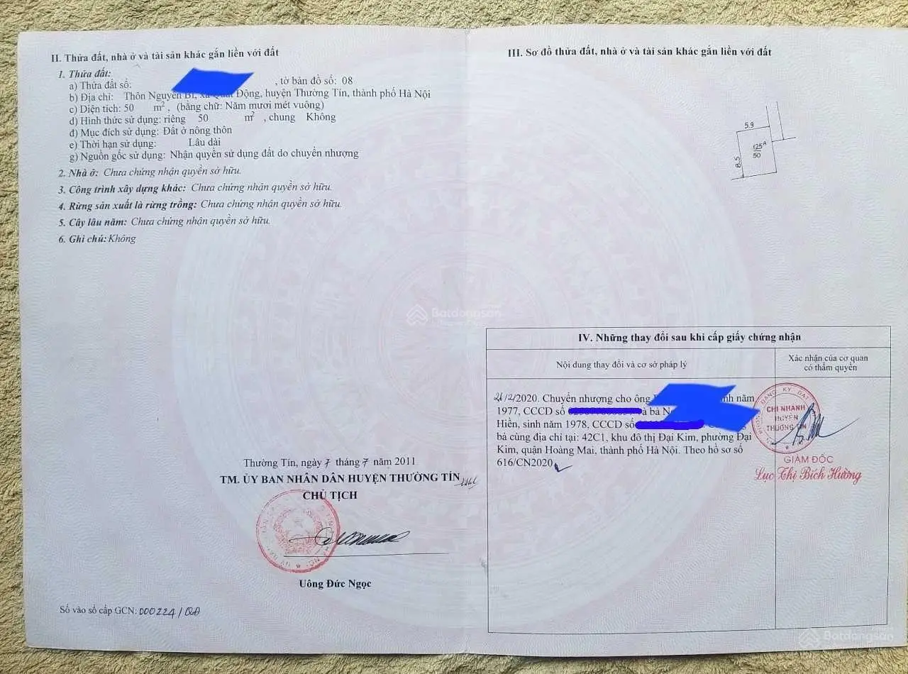 Bán đất thổ cư 525 m2 (full - 100%) tại thôn Nguyên Bì (Quất Động, Thường Tín)