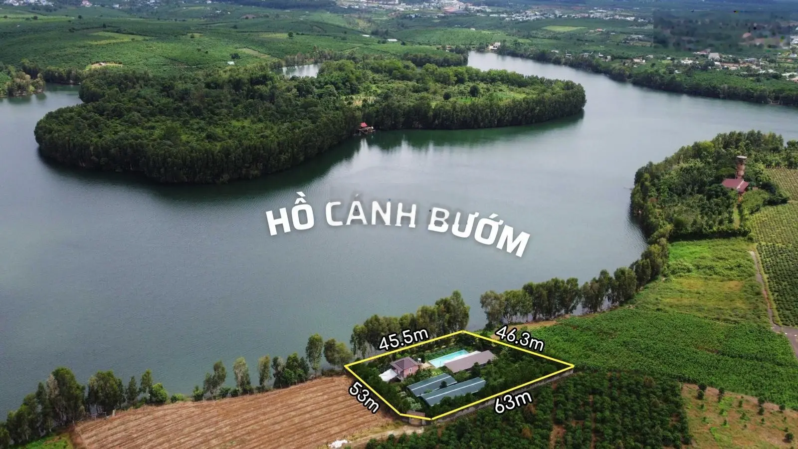 Đất đẹp hồ Cánh Bướm, có sẵn nhà vườn, bể bơi, cafe, camping, DT 2596.2m2 tiếp giáp mặt hồ 45m