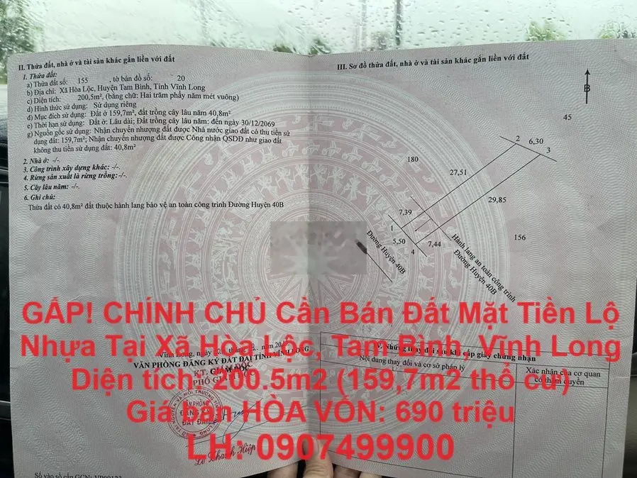 Cần Bán Đất Mặt Tiền Lộ Nhựa Tại Xã Hòa Lộc, Tam Bình, Vĩnh Long