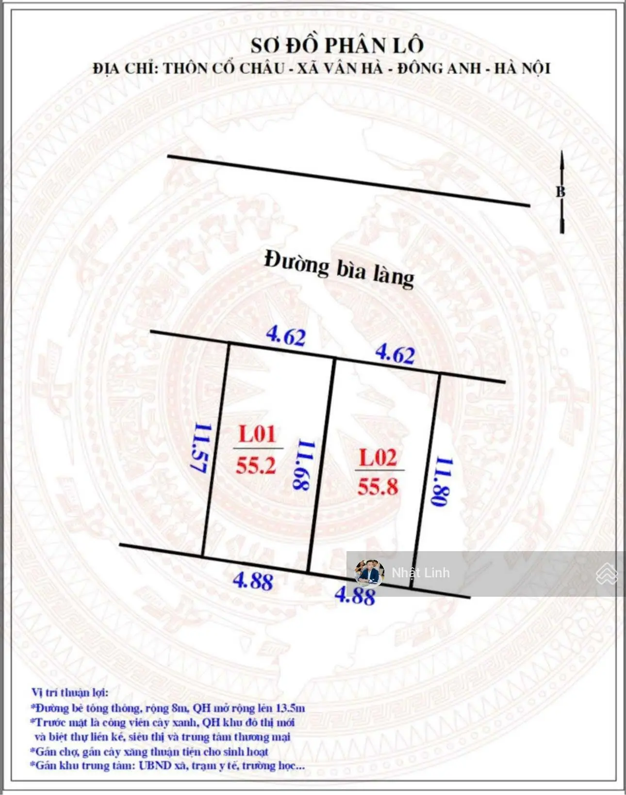 Bán Đất bìa làng Cổ Châu, Đông Anh. DT 56m MT 4.6m. Đường rộng 8m. Công viên trước mặt. Giá hơn 3tỷ