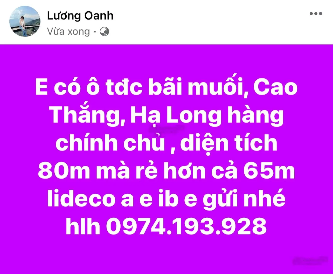 Chính Chủ Gửi Bán Ô Đất Tái Định Cư Bãi Muối., Cao Thắng, Hạ Long - Diện tích : 80m .