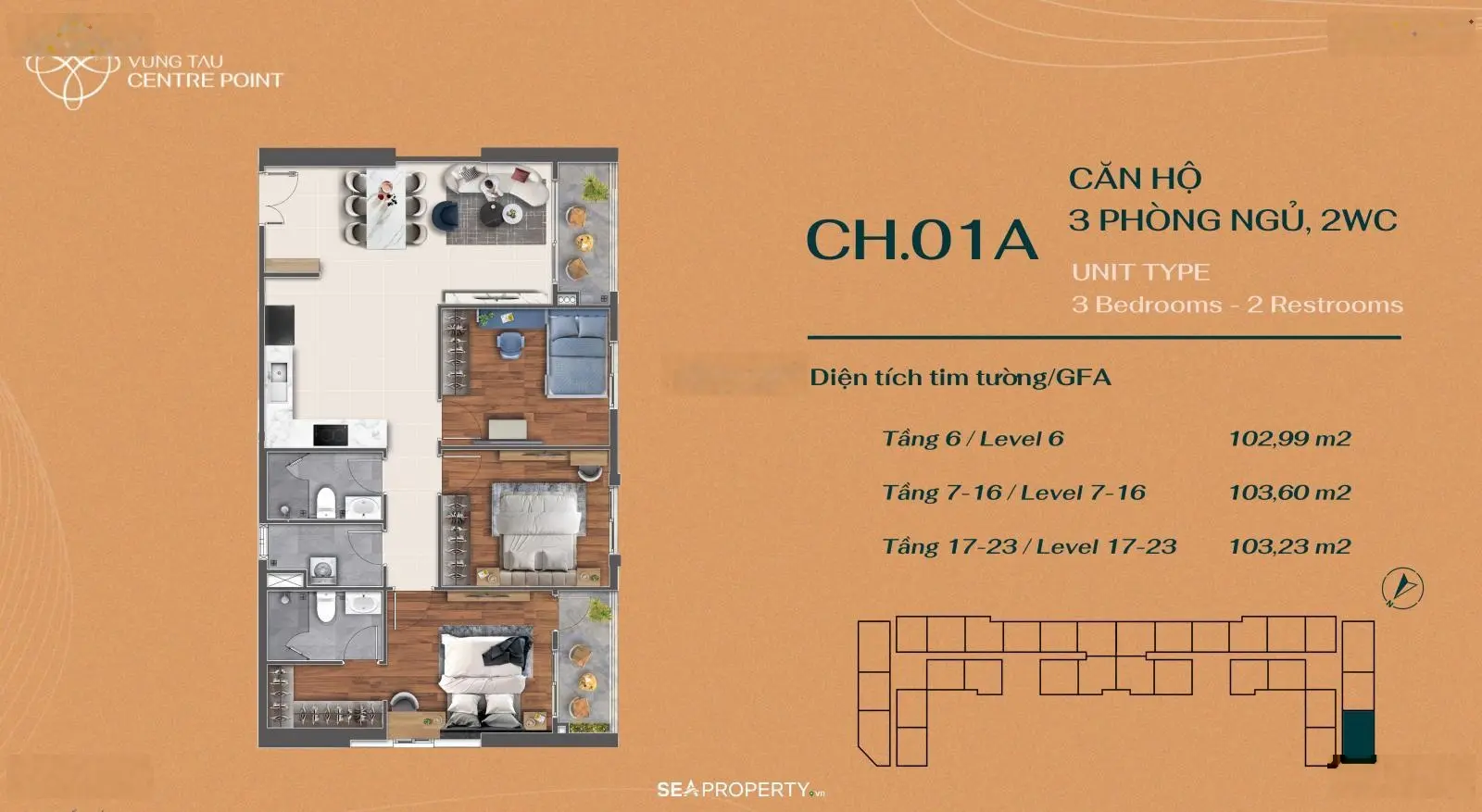 Sở hữu căn hộ Vung Tau Centre Point - sở hữu căn hộ 3PN/102m2 giá tốt từ 4,8 tỷ. LH 0908 982 ***