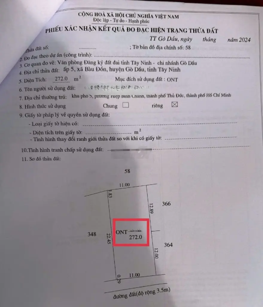 Chính chủ bán đất 11x25 full thổ cư tặng dãy trọ 8P chỉ 1,488 tỷ