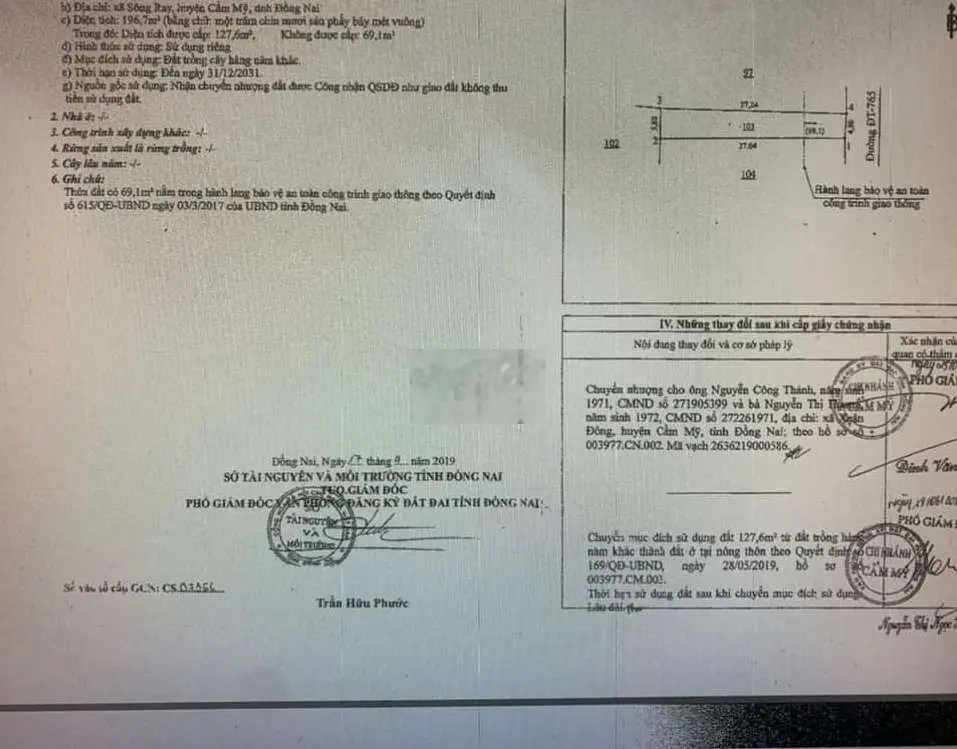 BÁN MT 765 SÔNG RAY CẨM MỸ ĐỒNG NÃI DT 200M2 CÓ 127M2 THỔ CƯ NGANG 5M