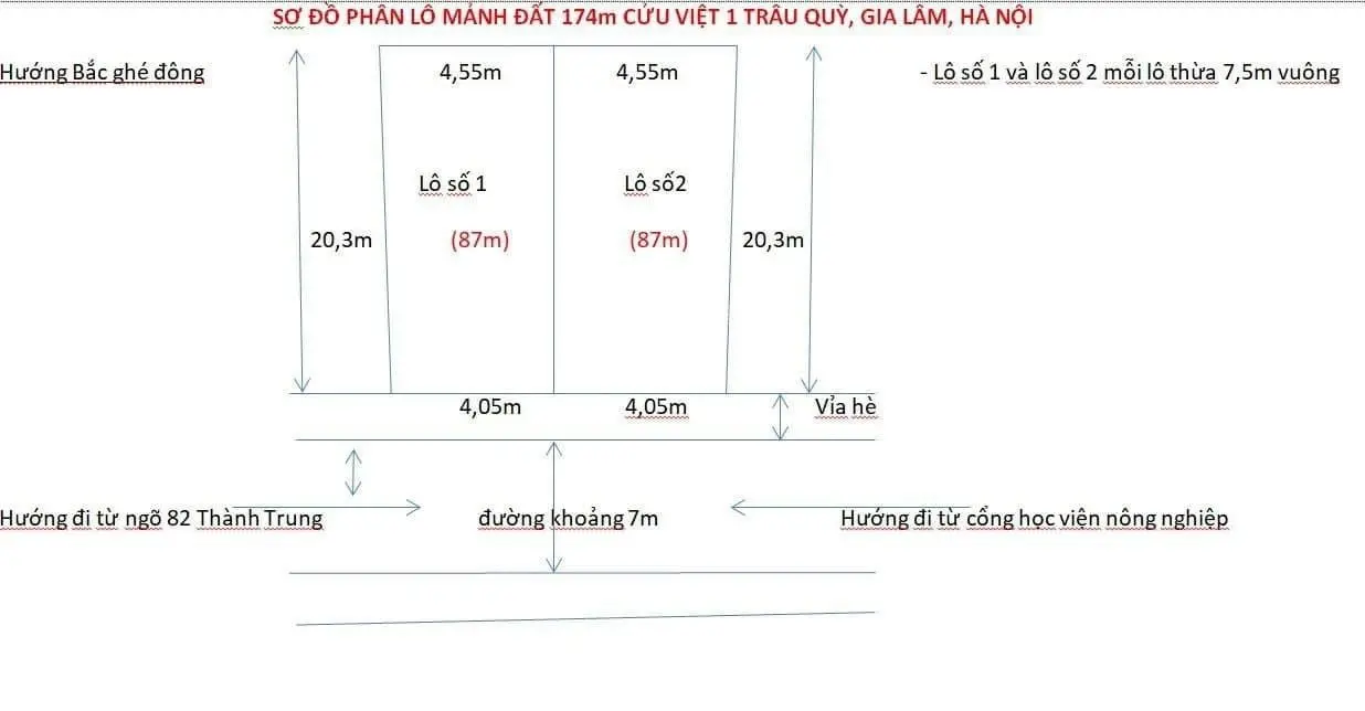 Bán nhanh lô 87m2 đất Trâu Quỳ, mặt tiền hơn 4m, vỉa hè 2m, đường 7m gần HVNN