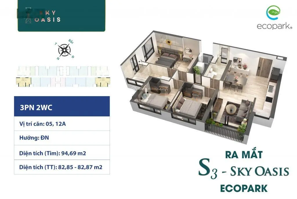 Bán căn hộ Sky Oasis 3 phòng ngủ, ban công Đông Nam, có sổ đỏ giá tốt tại Ecopark