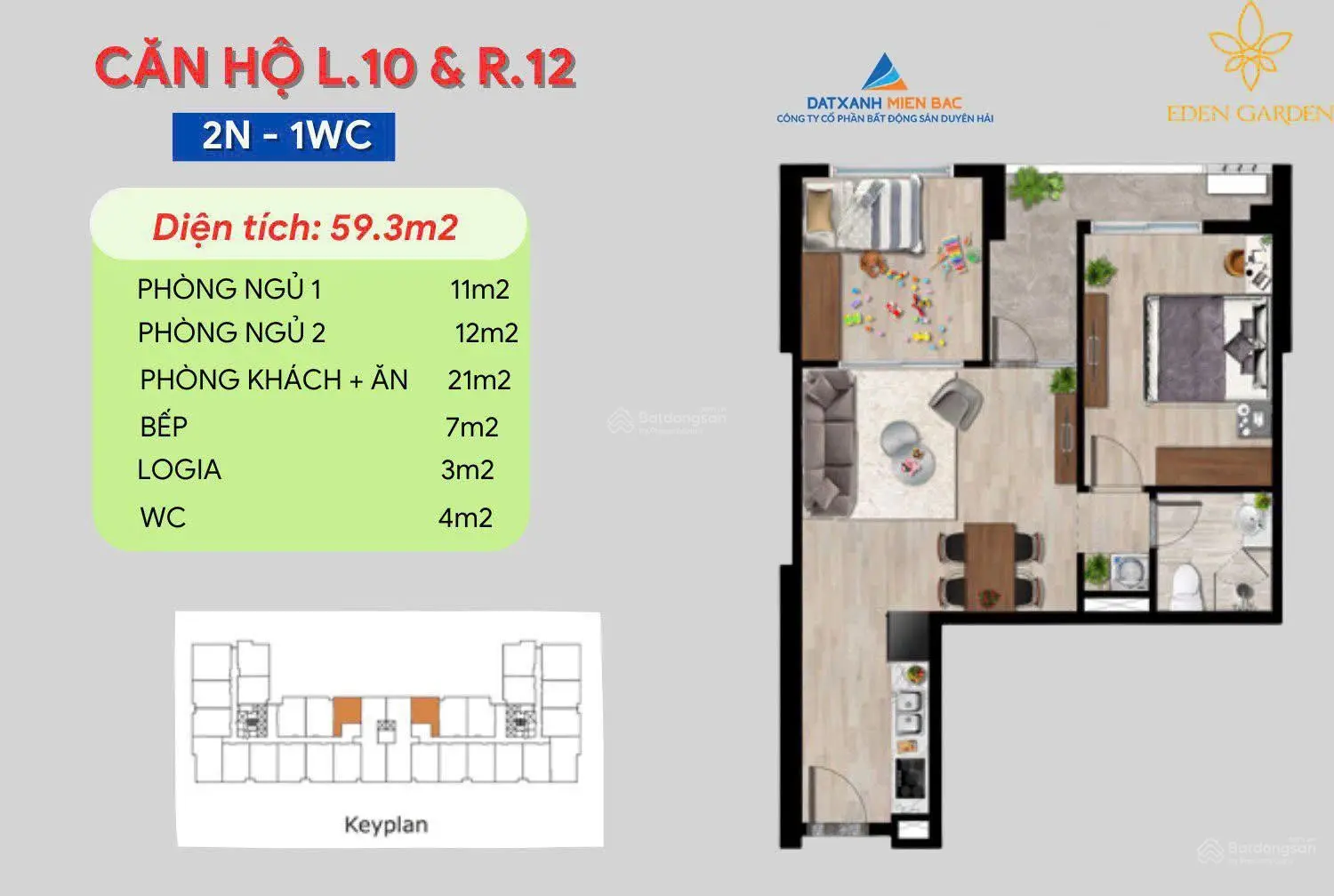 Sở hữu ngay căn hộ 59,3m2 tại Eden Garden, tầng đẹp giá chỉ 1,9 tỷ