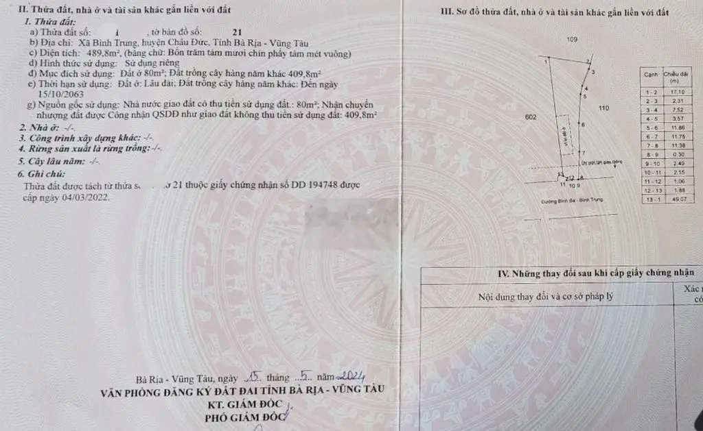 Bán đất mặt tiền Bình Trung - Bình Ba, Châu Đức