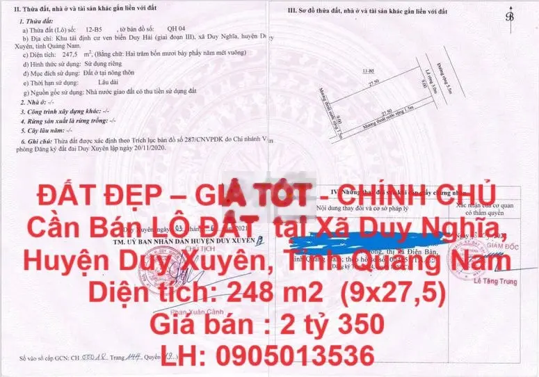 CHÍNH CHỦ Cần Bán LÔ ĐẤT tại Xã Duy Nghĩa, Huyện Duy Xuyên, Quảng Nam