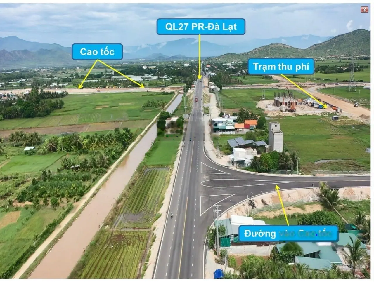 Nút giao cao tốc Cam Lâm Vĩnh Hảo. Mặt QL27A, 20x50m sân bay Thành Sơn 5km, QL1 6km, 12km tới biển