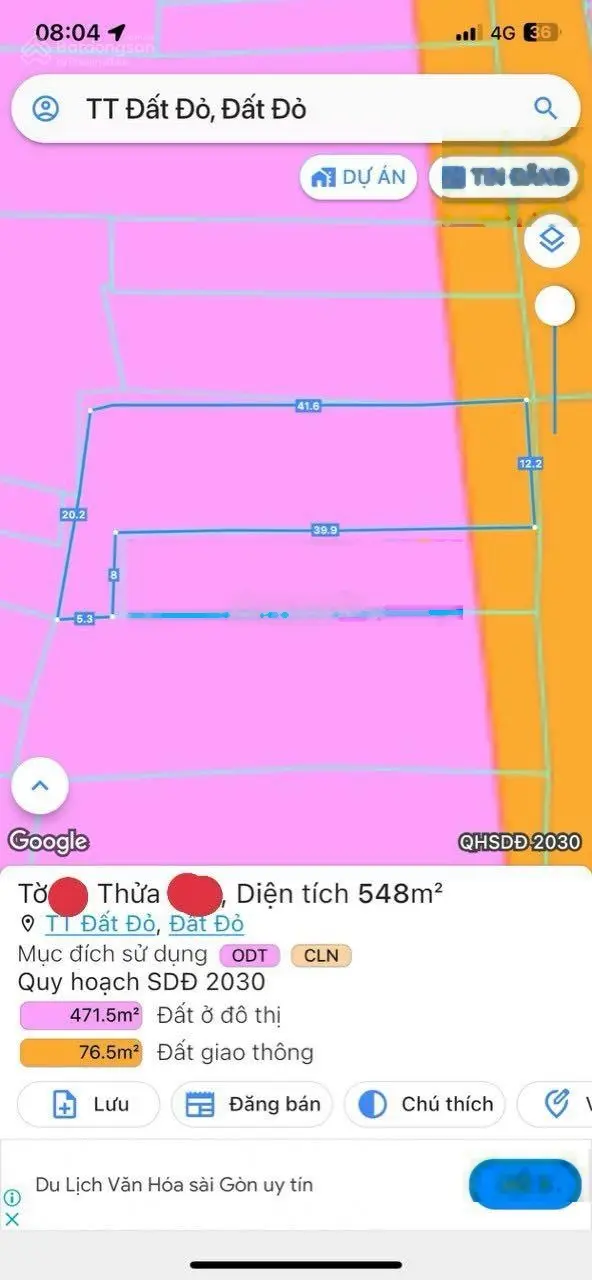Một lô duy nhất trung tâm thị trấn Đất Đỏ. Cho anh chị làm nhà vườn DT 548m2, 12 x 41m TC 100 m2