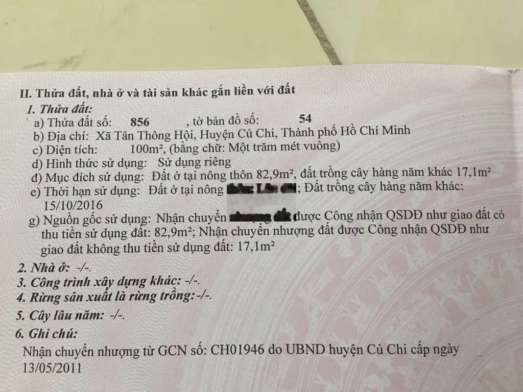 Bán Gấp lô đất xã Tân Thông Hội, Củ Chi diện tích 100m2 giá 950 triệu