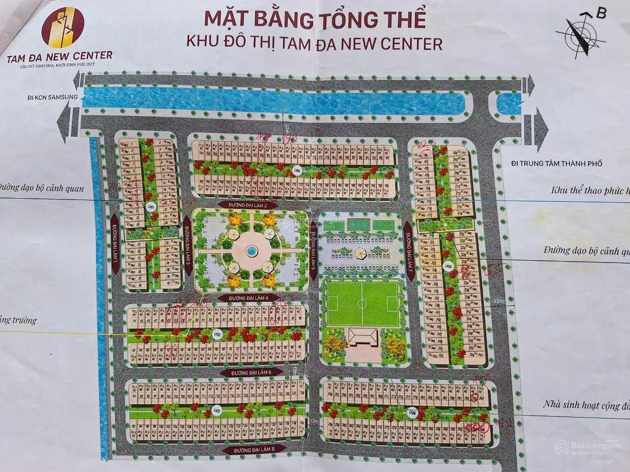 Bán đất sổ hồng KĐT Tam Đa New Center, Yên Phong, Bắc Ninh nhìn chếch vườn hoa 97.5m2, mt 5m