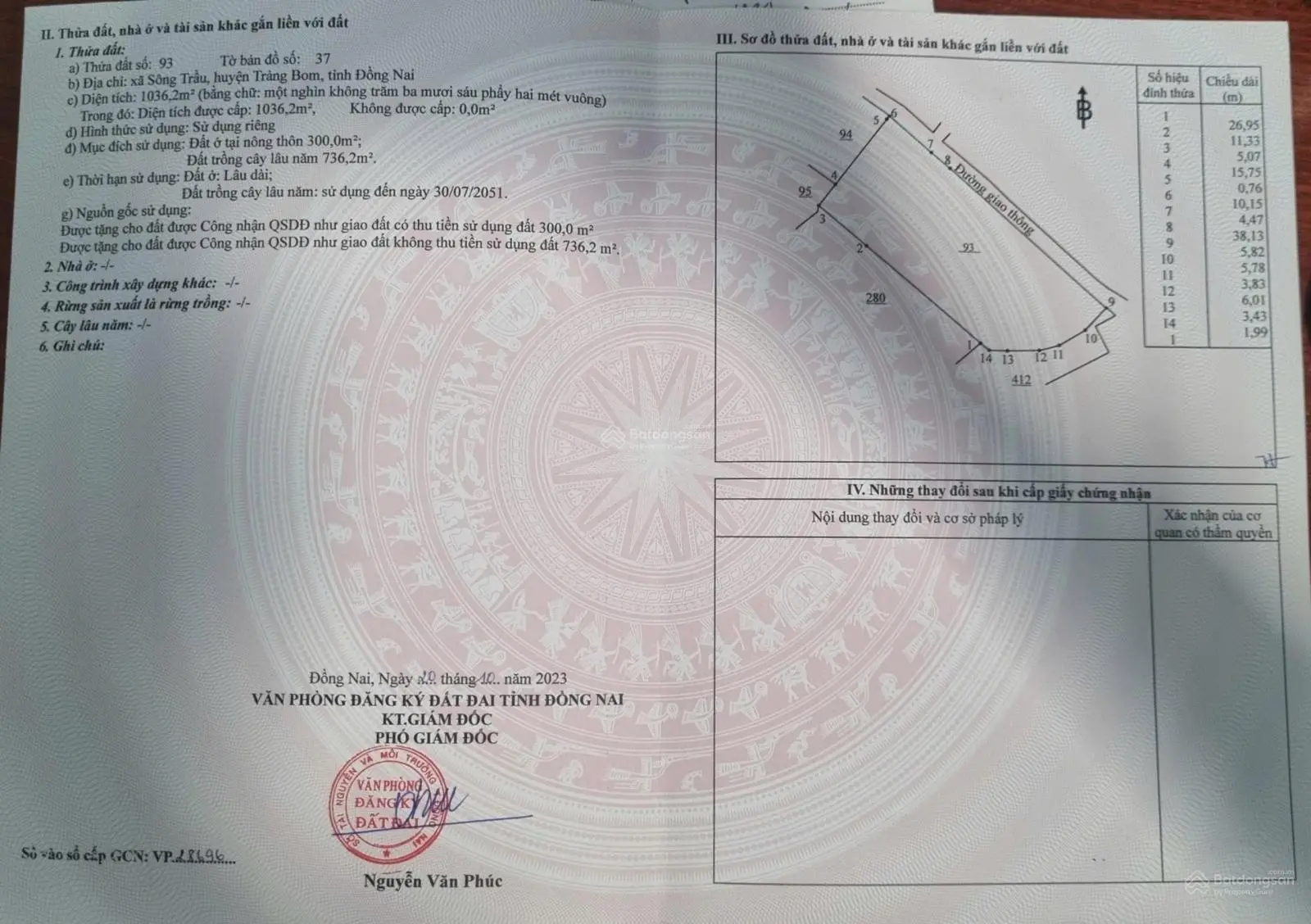 Bán 1 sào nhà vườn Sông Trầu - Trảng Bom có 300m thổ cư