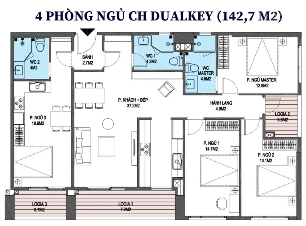 Bán suất CBNV nhà thầu căn Dualkey thiết kế đẹp nhất dự án 142m2 tầng trung, ban công Đông Nam