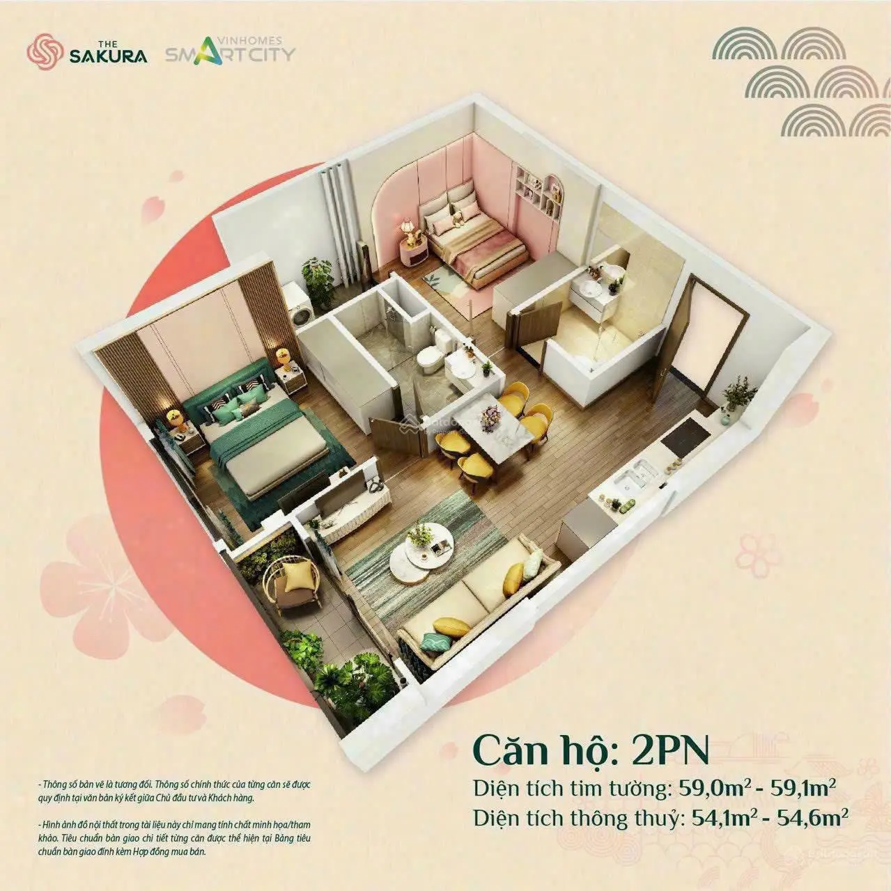 Bán căn 2N2VS 55m2 Vinhomes Smart City, tầng đẹp hướng mát. Giá bán 3.5 tỷ
