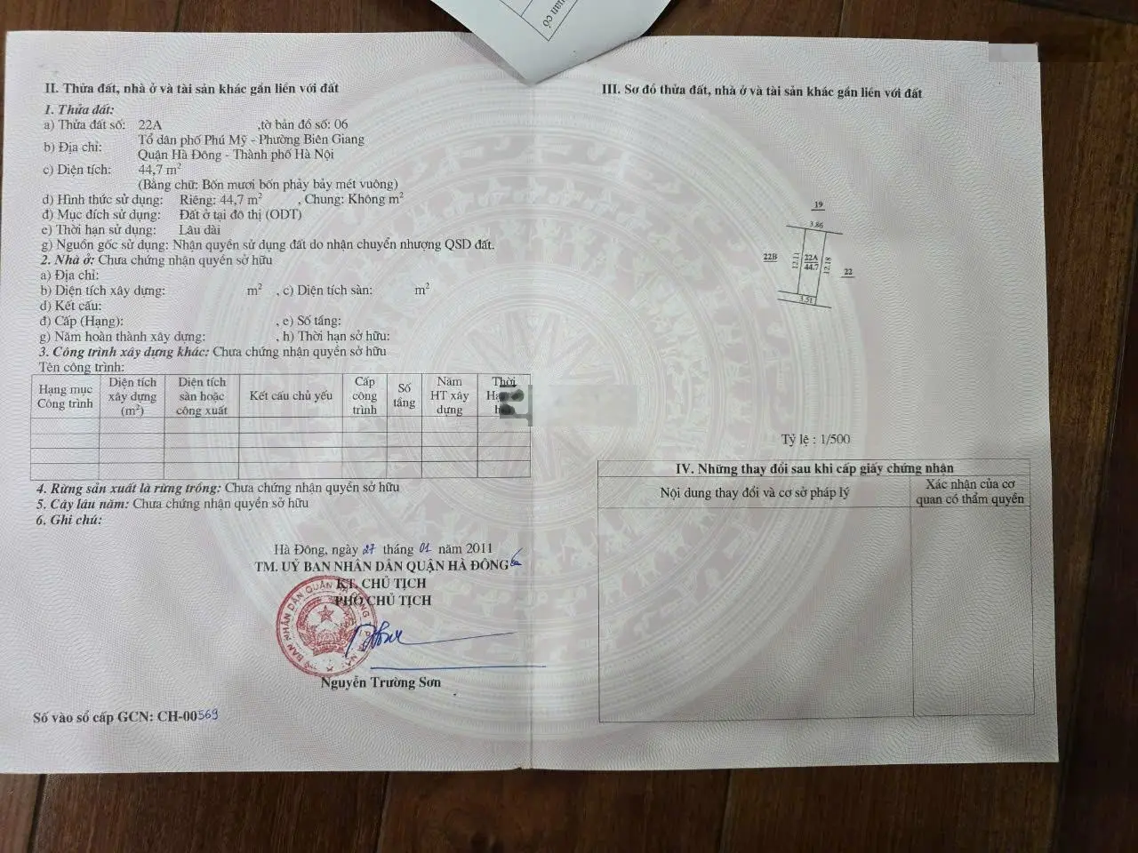 Chính chủ bán đất DT 44.7 m2, tại tổ dân phố Phú Mỹ, phường Biên Giang, Quận Hà Đông