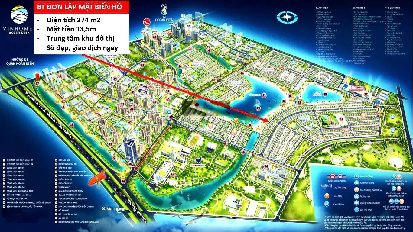 Bán biệt thự mặt hồ 24.5ha Vinhomes Ocean Park, KD đa dạng, không gian sống lý tưởng, 274m2, 88 tỷ