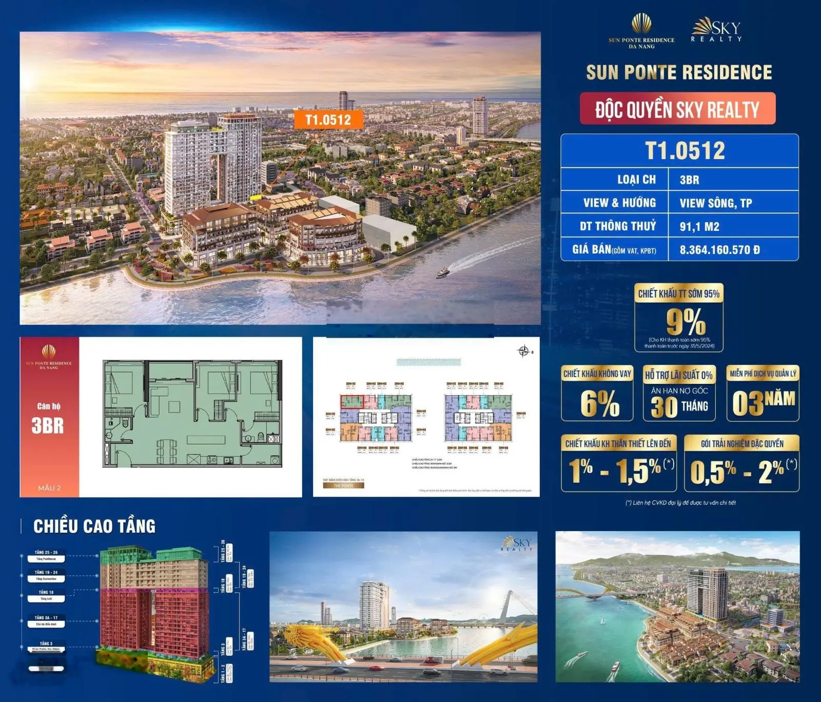 Giỏ hàng thanh khoản chỉ 1,3 tỷ/căn hộ Ponte giá cực sốc, vị trí ngay cầu rồng trung tâm tp đà nẵng