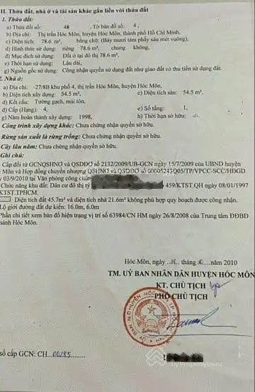 Chủ cần sang nhượng gấp 1 trệt 1 lầu ở Lê Lợi, Thị Trấn Hóc Môn 78m2 giá 1 tỷ 850, nhà có hoàn công
