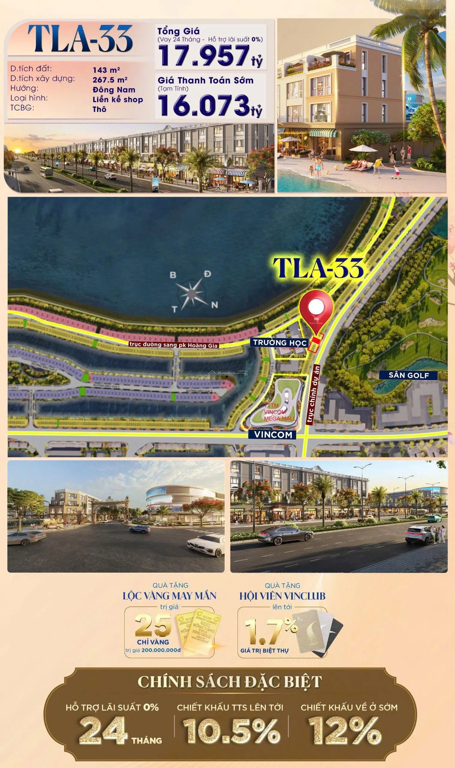 Chỉ 5,4 tỷ sở hữu shop house xẻ khe view sân golf ngay trung tâm thương mại mega mall