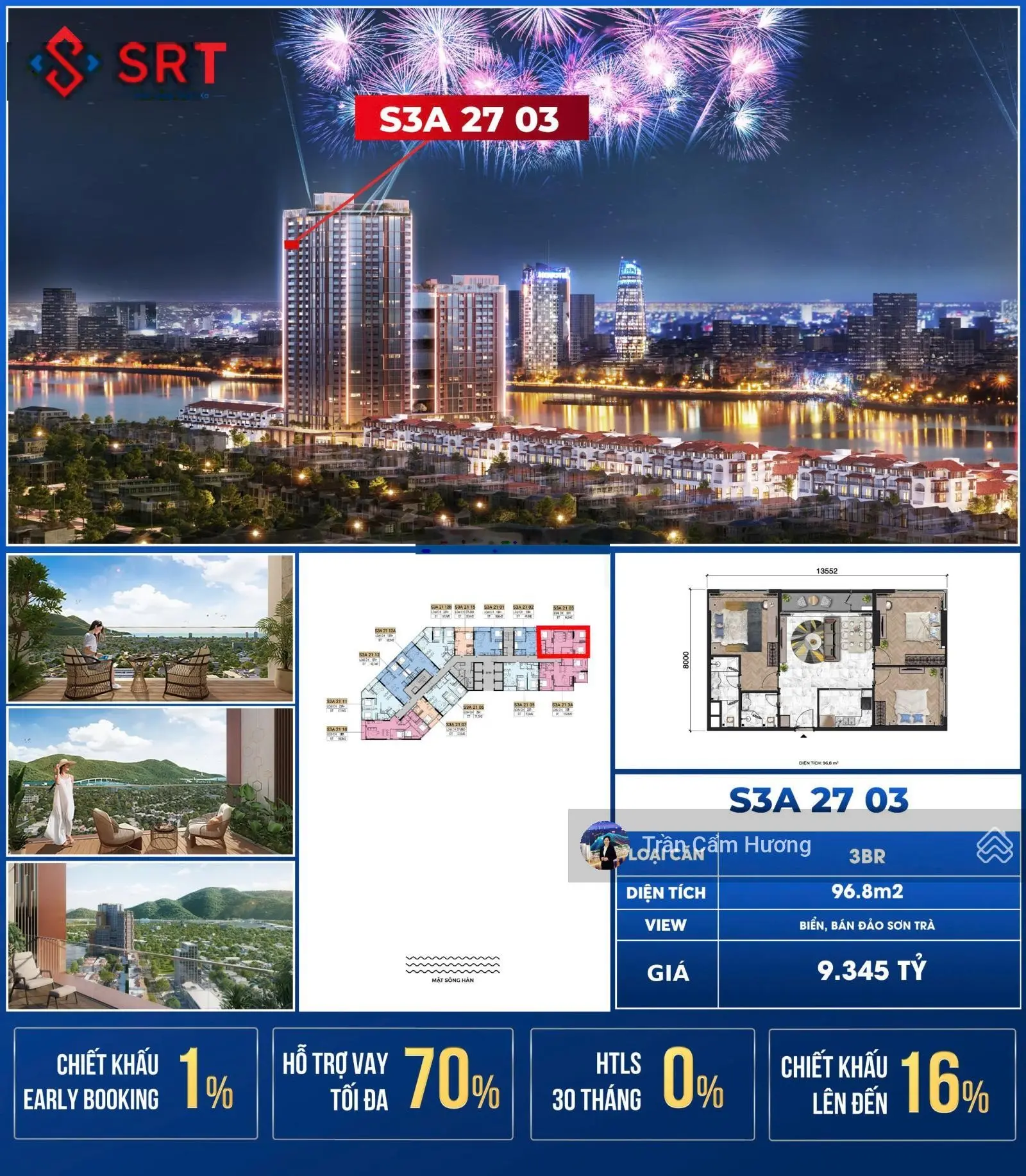 Cẩm Hương, căn S3A-27-03 căn 3BR Vip nhất dự án/ Chỉ cần đóng trước 2,3 tỷ, NH hỗ trợ 70% trong 36T