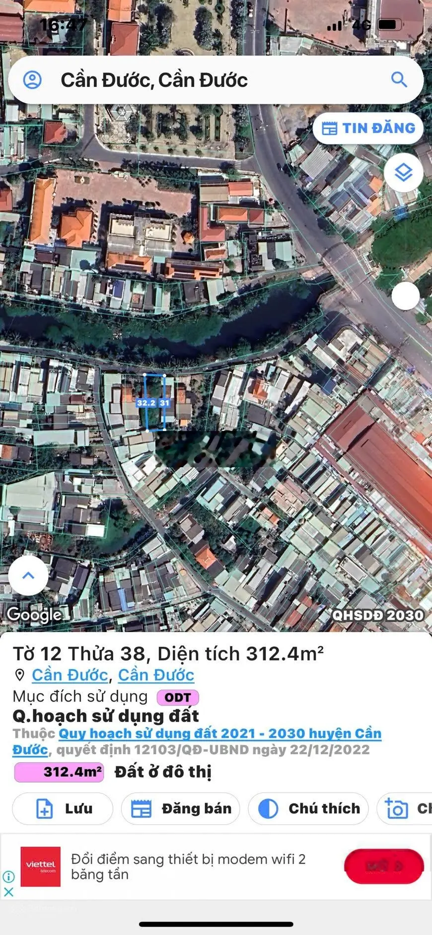 312m2 đất ở Thị Trấn 11x31m, giá 4 tỷ cách chợ Cần Đước 150m