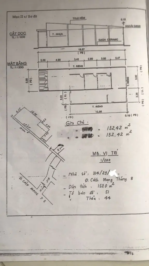 Bán nhà+đất, 3 pn, 800 m2 có thổ cư, hẻm 314 CMT8