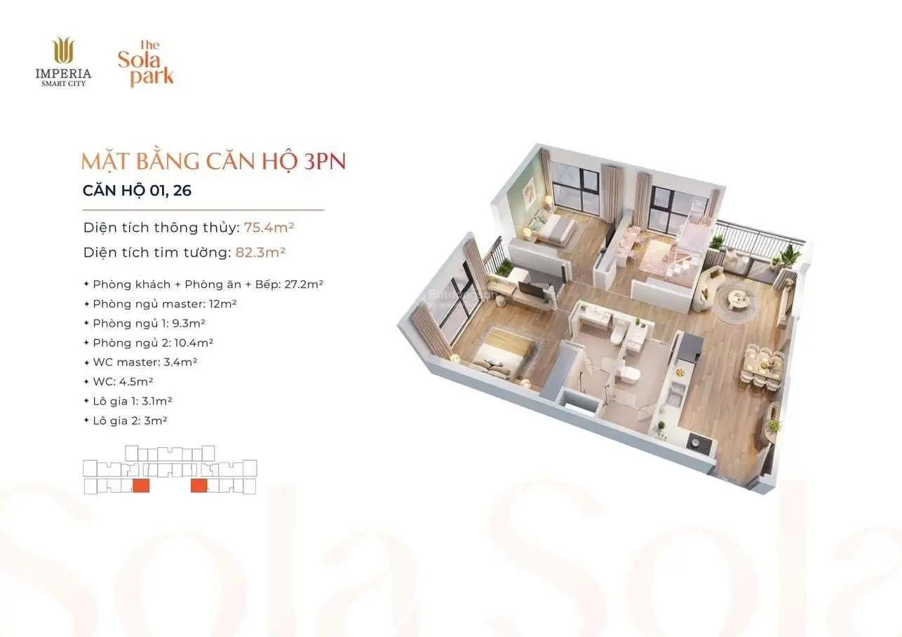 Bán nhanh căn hộ 3 ngủ The sola Park giá chỉ 4.099 tỷ, căn góc thoáng đẹp