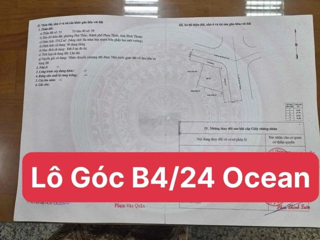 BÁN LÔ GÓC B4/24 OCEAN DUNES PHỐ BIỂN - TP PHAN THIẾT GIÁ RẺ - 374,2m2