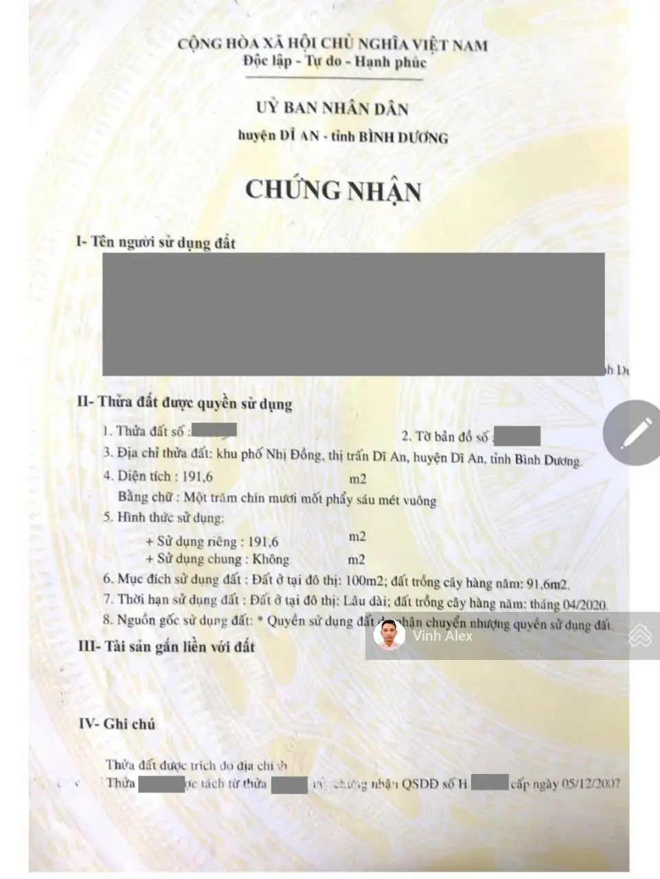 Đất gần trung tâm hành chính Dĩ An 192m2 ngang 7,2m xây tự do, đường ô tô, hẻm Nguyễn An Ninh Dĩ An