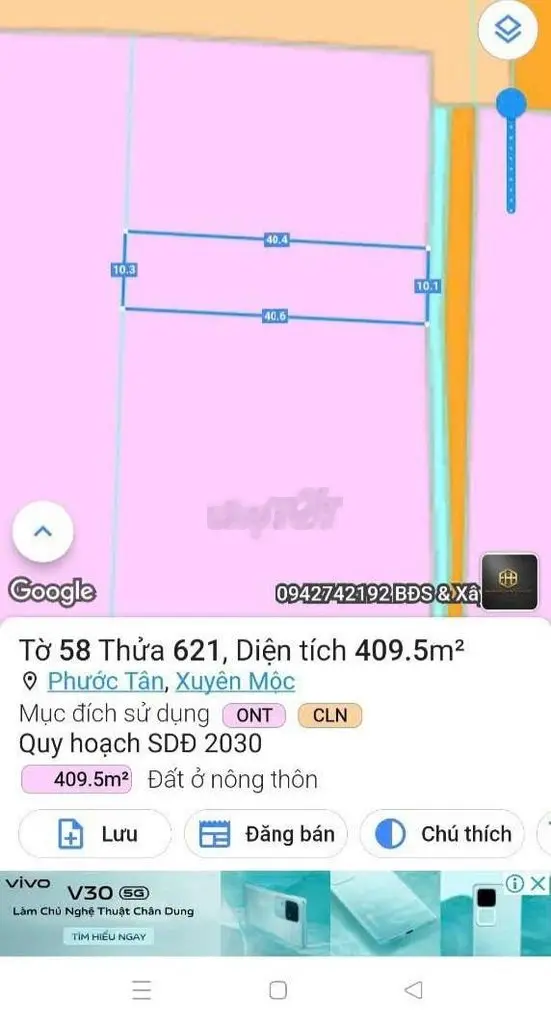 Bán đất 1,29 tỷ, diện tích 409m2 tại Phước Tân, Xuyên Mộc, mặt tiền đường nhựa, khu dân cư đông đúc