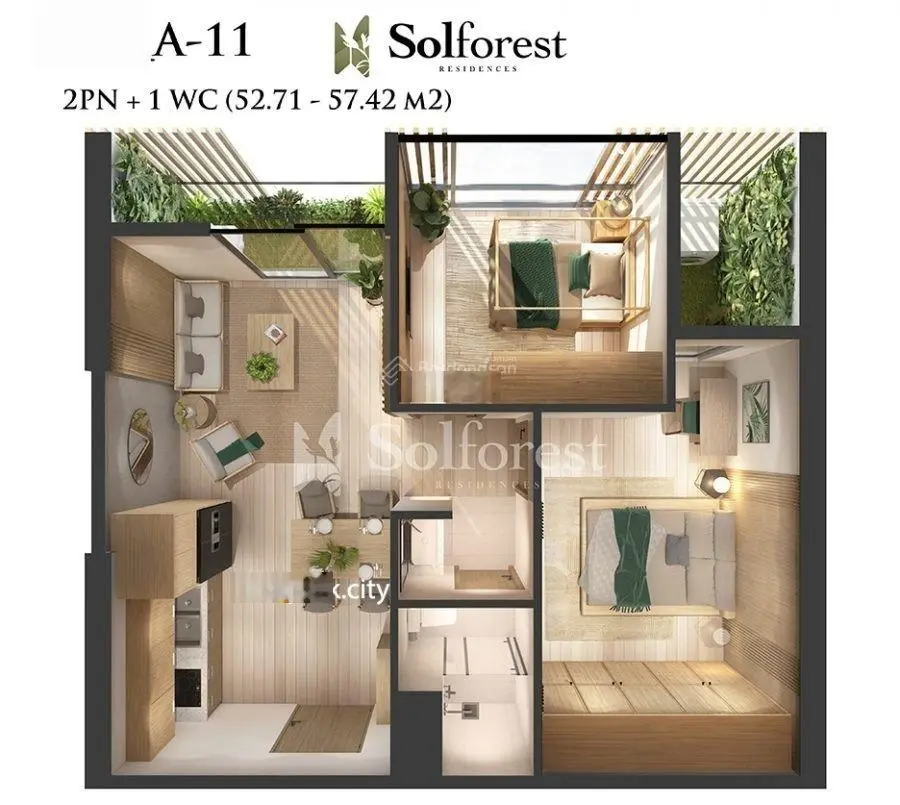 Căn 2PN 1WC Sol Forest căn view thoáng đẹp, full đồ giá bán 2,790 tr bao phí, LH 0948014568