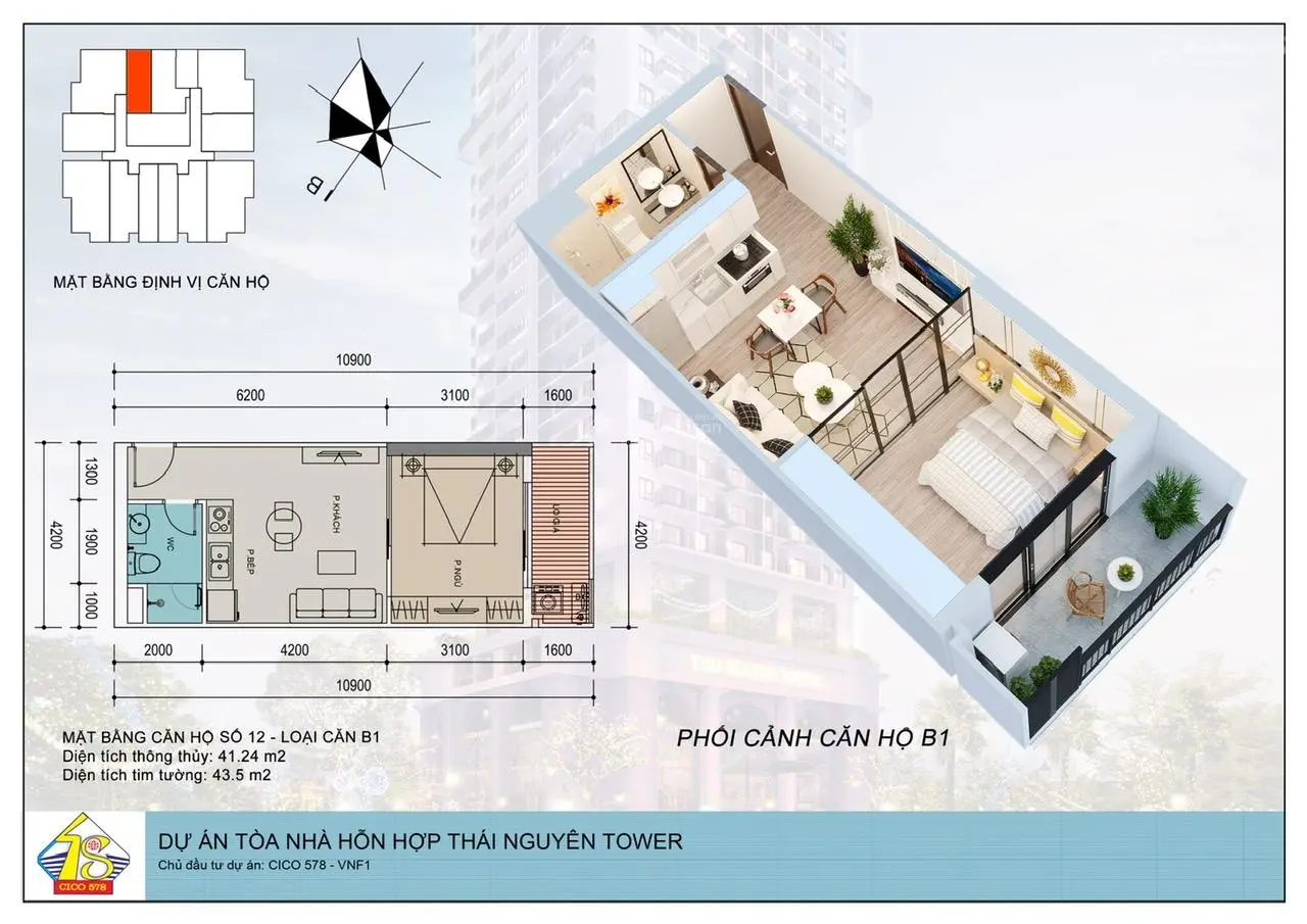 Thái Nguyên Tower bán căn 1 ngủ 41.3m bàn giao cơ bản