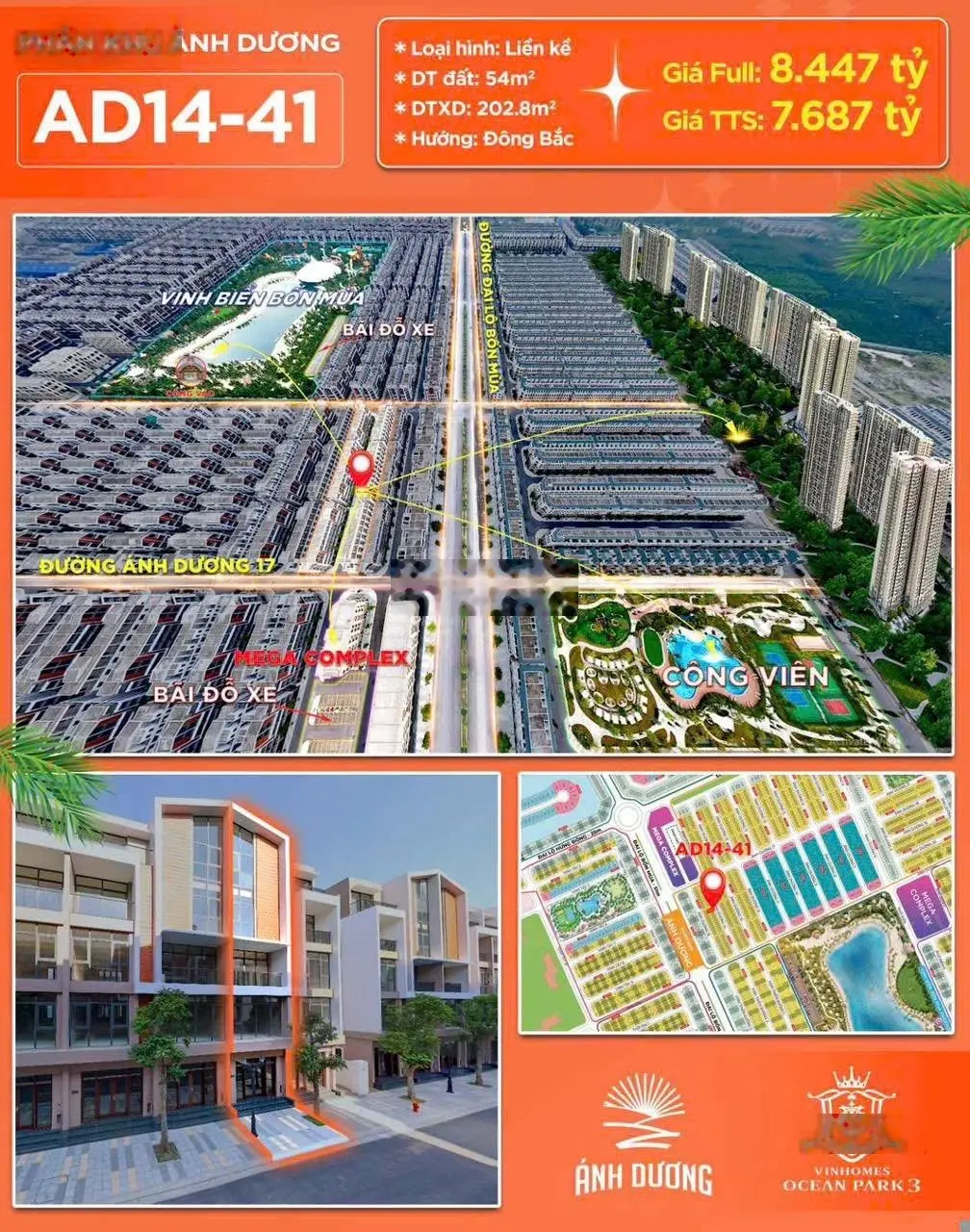 Bán LK 54m2 Ánh Dương, giá chỉ 7.6 tỷ, xây 5 tầng đẹp tại Vin Ocean Park 3