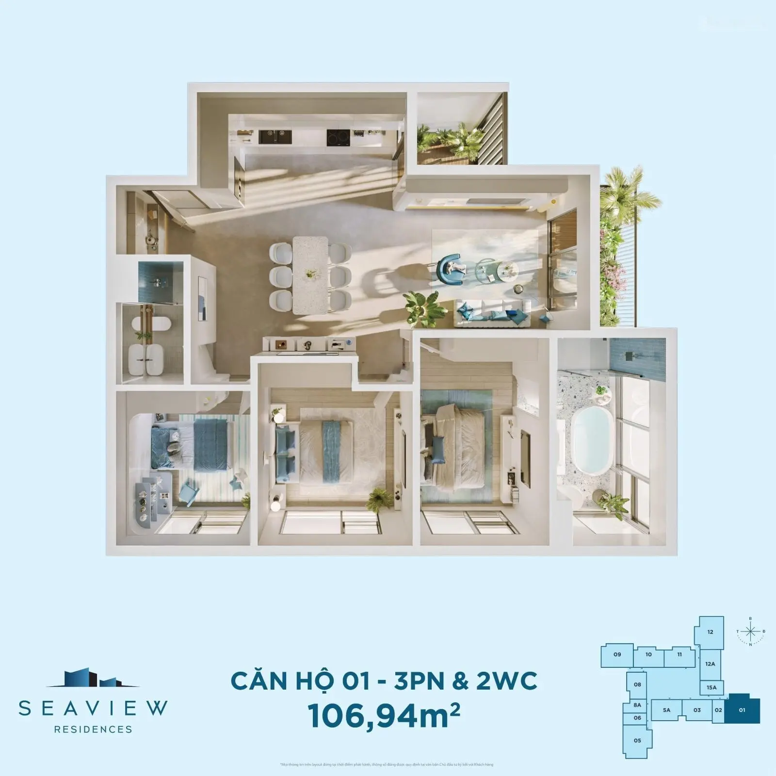 Quỹ căn 3 phòng ngủ tòa chung cư Seaview Residences - tòa S1 - S2 tại Eco Central Park Thành Vinh