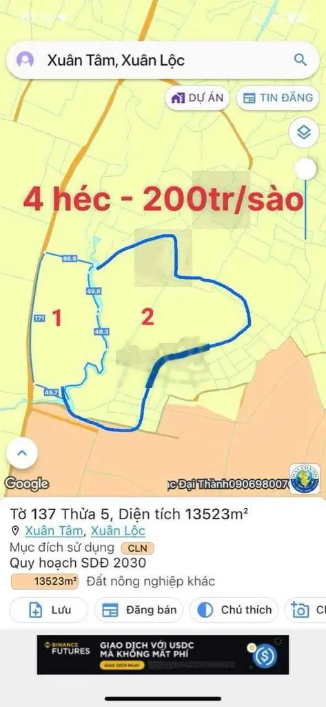 BÁN 4HA ĐẤT NÔNG NGHIỆP - 171M MẶT TIỀN - CÁCH QL1A 2KM !