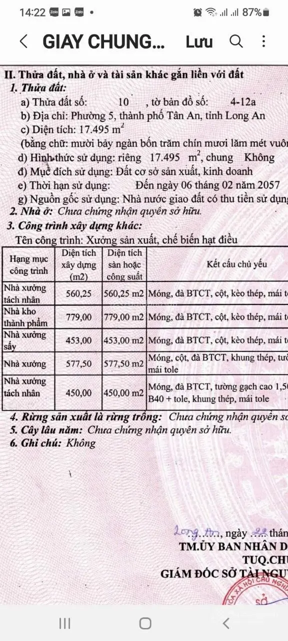 Bán xưởng đường Cử Luyện Thành phố Tân An, Tỉnh Long An. DTKV: 17.495m2, giá 115 tỷ