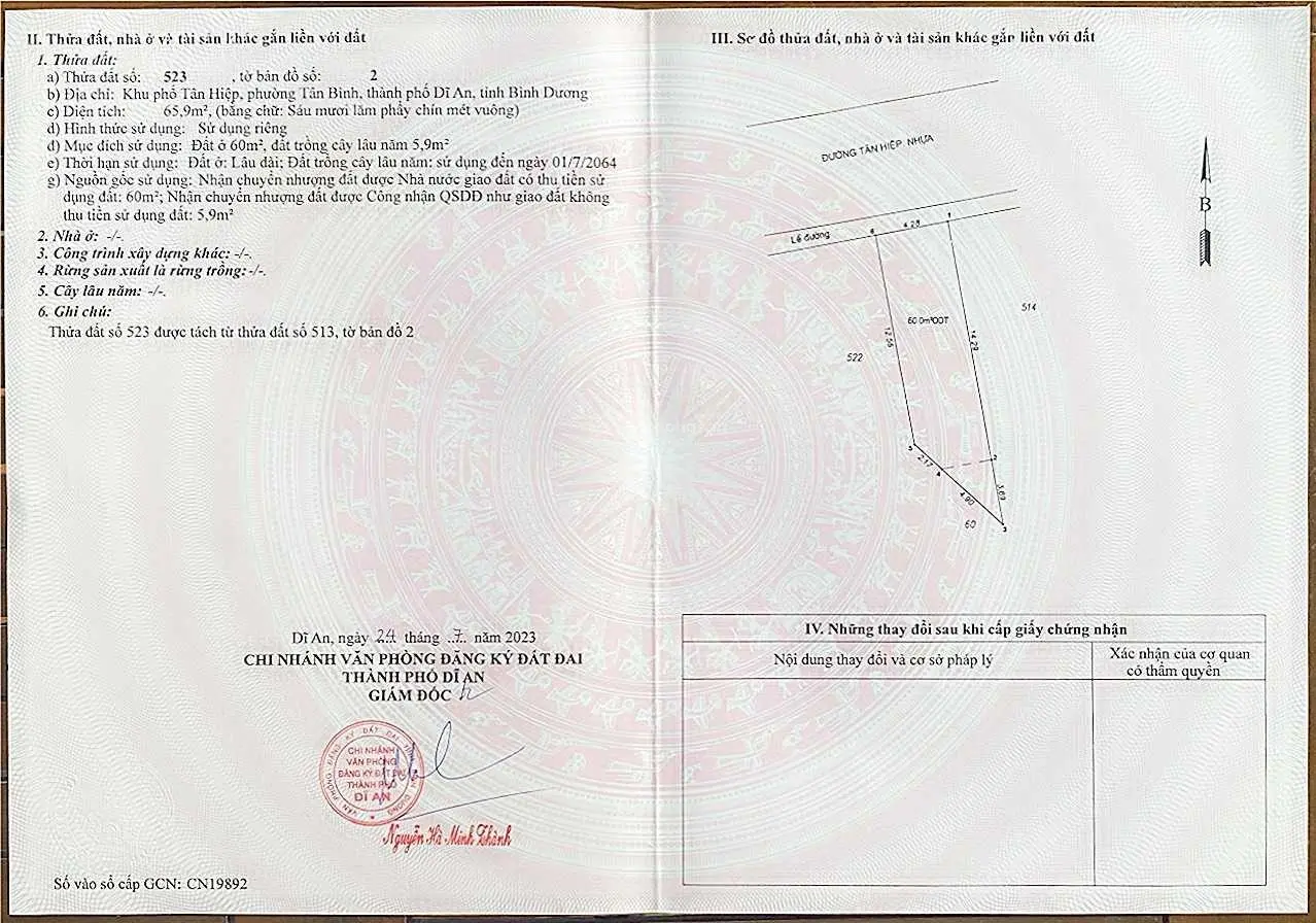 Cần bán lô đất đường Tân Hiệp thuộc Dĩ An gần chợ Phú An giá bán nhanh 1.700.000.000