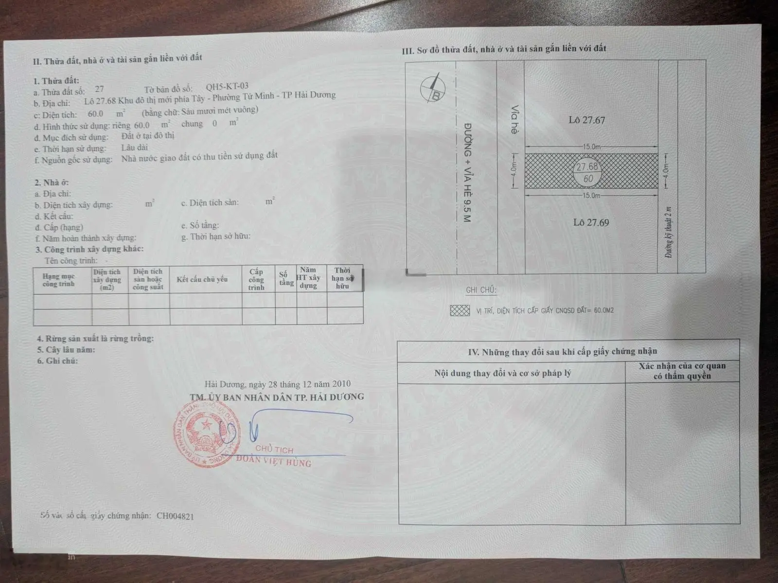 Cần bán lô 27.68 diện tích 60m2, KĐT Thiên Phú P.Tứ Minh TP.Hải Dương, giá 2,5 tỷ có thương lượng.