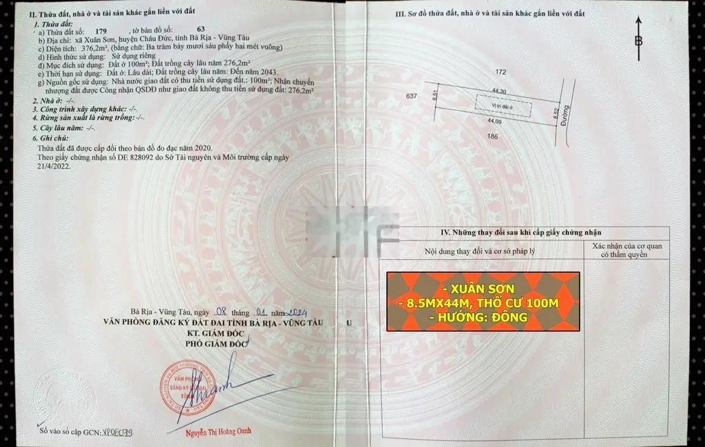 Bán 8.6m đường xóm Cây Me, cách Mỹ Xuân - Ngãi Giao 1.5km, Xuân Sơn.
