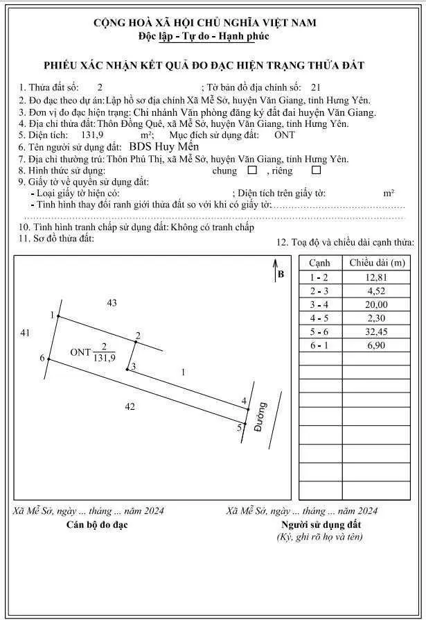 Bán đất tại Mễ Sở, Văn Giang, Hưng Yên. Diện tích 132m2